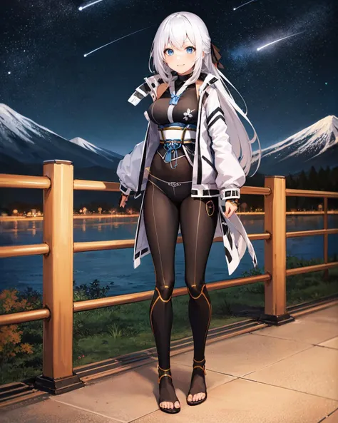 best quality, (masterpiece:1.2), illustration, absurdres,
(1girl), (solo), (beautiful detailed girl), full body shot,
<lora:ShizunaKuro1:1>, Shizuna Rem Misurugi, white hair, long hair, ribbon, blue eyes, medium breasts,
white jacket, black bodysuit, ornate bodysuit, black legwear, toeless legwear,
looking at viewer, smile,
mountains, autumn, (night, starry sky:1.2), japanese terrain, distant lights, moon,