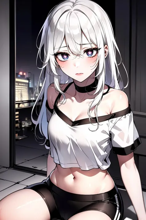 ((masterpiece:1.2)), ((ultra-detailed)), ((best quality)), ((intricate details)), ((chromatic aberration)), 1girl, messy hair, shy, ((white hair, star-shaped pupils, star \(symbol\)), ((small breasts)), makeup, black eyeliner, (expressionless), looking at viewer, <lora:meriana:0.7>, ((shorts, tshirt))