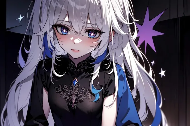 ((masterpiece:1.2)), ((ultra-detailed)), ((best quality)), ((intricate details)), ((chromatic aberration)), 1girl, messy hair, shy, ((white hair, star-shaped pupils, star \(symbol\)), ((small breasts)), makeup, black eyeliner, (expressionless), looking at viewer, <lora:meriana:0.7>, ((dress))