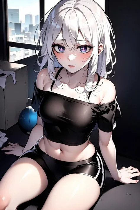 ((masterpiece:1.2)), ((ultra-detailed)), ((best quality)), ((intricate details)), ((chromatic aberration)), 1girl, messy hair, shy, ((white hair, star-shaped pupils, star \(symbol\)), ((small breasts)), makeup, black eyeliner, (expressionless), looking at viewer, <lora:meriana:0.7>, ((shorts, tshirt))