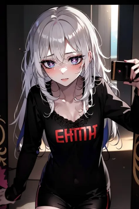((masterpiece:1.2)), ((ultra-detailed)), ((best quality)), ((intricate details)), ((chromatic aberration)), 1girl, messy hair, shy, ((white hair, star-shaped pupils, star \(symbol\)), ((small breasts)), makeup, black eyeliner, (expressionless), looking at viewer, <lora:meriana:0.7>, ((shorts, tshirt))