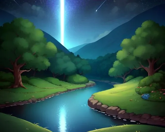 (rotwf), hills, forest, landscape, stars, night, river <lora:RiseOfTheWhiteFlower_v1:0.8>