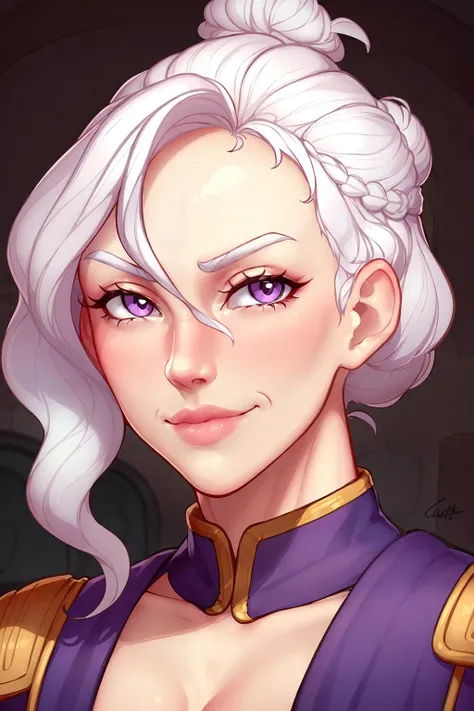 (rotwf), 1girl, cath, closeup, face, portrait, white hair, purple eyes, hair bun, lips, adventurer clothes, smirk <lora:RiseOfTheWhiteFlower_v1:0.8>