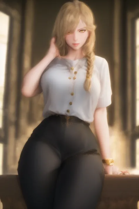 masterpiece, best quality,realistic,ultra realistic,realistic,1 woman,Marika,1girl,elegant body,beautiful face,detailed face,<lora:queenMarika0.2:1>,marika,blonde braided hair,yellow eyes,shirt,black pants,golden jewelry