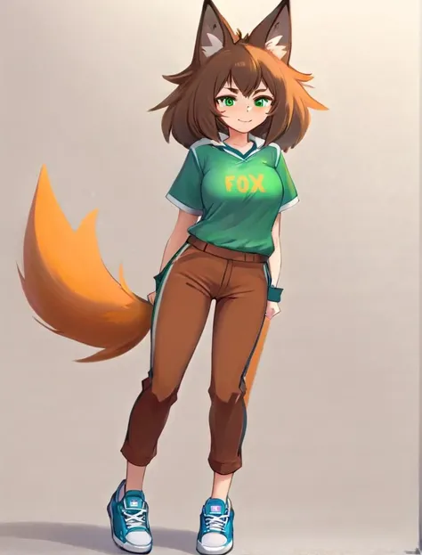 1girl,brown hair, animal ear fluff, animal ears, arms under breasts, brown hair, brown pants, crossed arms, fox ears, fox girl, fox tail, full body, green eyes, looking at viewer, pants, shirt, shoes, smile, sneakers, solo, tail, wolf tail, <lora:nRadioWave:1>