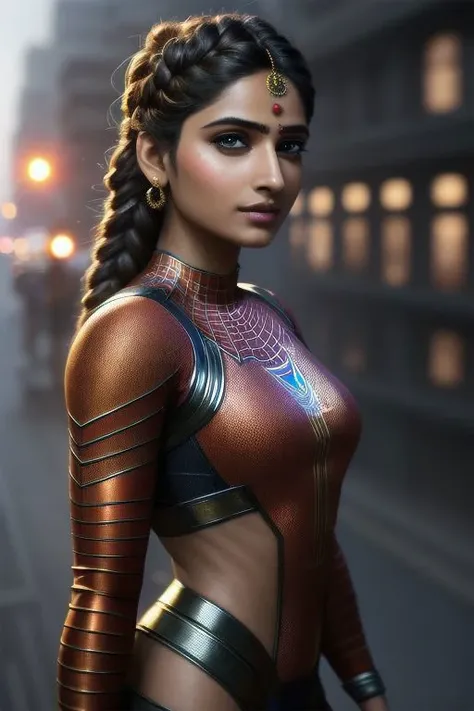 photorealistic, best quality, concept art, hyper detailed, photo of a beautiful indian woman in spiderman suit, braids, no helmet, ((light bokeh)), intricate, (steel metal [rust]), elegant, sharp focus, photo by greg rutkowski, soft lighting, vibrant colors, (masterpiece), ((streets)), (detailed face)+, eye iris, trending on artstation, sharp focus, unreal engine, 8k, uhd, studio photo, street , traffic, hanging wires, full frame