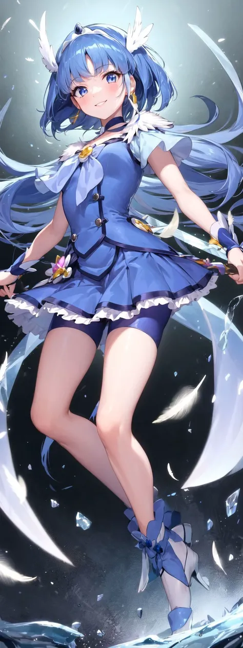 top-quality、Girl in blue body fitted dresses with long hair and blue hair,dynamicposes, , Strongest Pose, female character,Art styles, Girls in Female Action, girl with, Teal Hair Girl,Foot exposure、"pantiy"、Dark blue long-sleeved bolero、Blue flower hair ornament