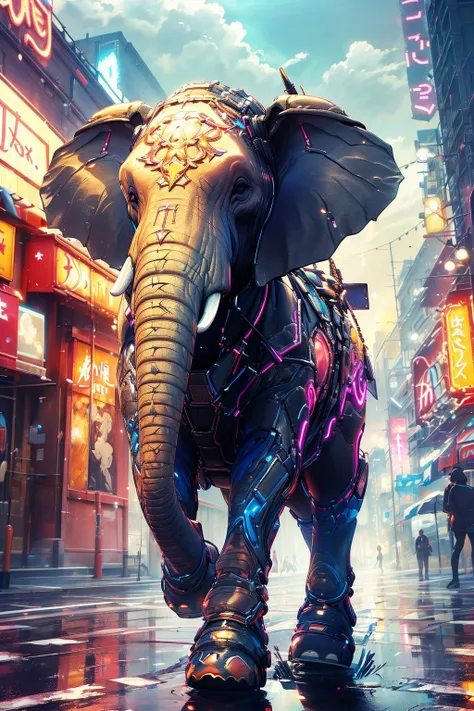 ((masterpiece)), ((best quality)), 8k, high detailed, ultra-detailed, sky, animalbot,mecha, elephant, full body, glowing,  cinema light, neon, colorful, <lora:xsmecha:0.6>