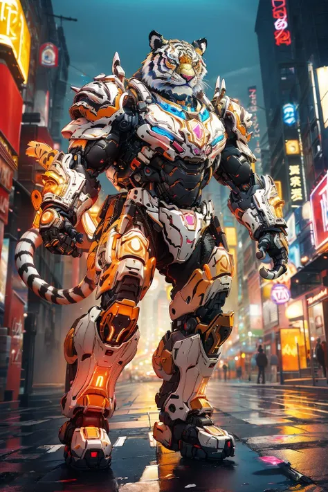 ((masterpiece)), ((best quality)), 8k, high detailed, ultra-detailed, sky, animalbot,mecha, tiger, full body, glowing,  cinema light, neon, colorful, <lora:xsmecha:0.7>