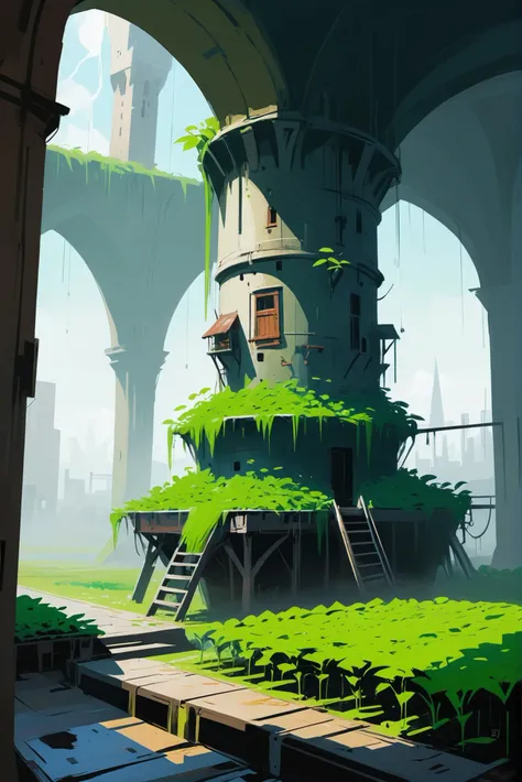 rough brushy digital painting, sketch, Hydroponic Food Production Area \(room\) in a dilapidated,cloud fantasy hamlet in a Wizard Tower Island<lora:EnvyStarlightDigitalPainting04:1>