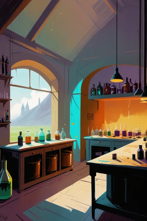 rough brushy digital painting, sketch, Potion Brewing Laboratory \(room\) <lora:EnvyStarlightDigitalPainting04:1>