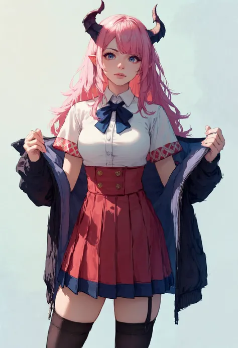 Ji-eun is a charming-looking student. Ela tem cabelos longos, loiros e sedosos que caem suavemente sobre seus ombros. His eyes are radiant and of a dazzling emerald green, que conferem um brilho especial ao seu rosto. Your skin is clear and flawless. Ji-eun is thin and has an elegant posture, seios grandes, quadril fino, bunda grande, Campos da Universidade.
Uniforme escolar: Ji-eun veste um uniforme escolar branco, typical of South Korean schools. The blouse is adjusted to the body, com mangas curtas e uma gola preta, destacando sua figura esbelta. The skirt is pleated black and goes up to the knees, confirindo um ar jovial e fofo ao seu visual. Ela usa um par de meias brancas bem apertadas nas coxas, junto com sapatos pretos de estilo Mary Jane.