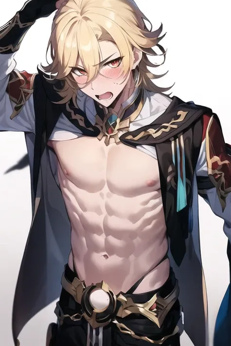 <lora:kaveh:0.75>,1boy,blonde hair, blush, jitome, muscle,, masterpiece, best quality,