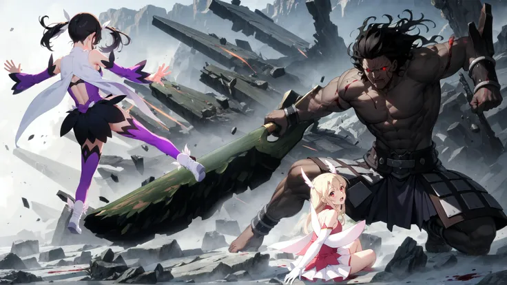 1girl, scared, looking at viewer, (screaming:0.7), (from behind), looking back, red eyes, sitting on ground, angled legs, illya, pink dress, sleeveless dress, cape, elbow gloves, white gloves, white skirt, frilled skirt, frills, <lora:illya_scarxzys:0.7>, depris, forest, (crator), rocky, (impact), destruction, <lora:bersecar:0.7>, dust, fog, rocks flying, blood, miyu, flying, black hair, long hair, short twintails, white hair ribbon, white cape, purple leotard, purple sleeves, magical girl, feathers, bare shoulders, detached sleeves, purple thighhighs, single thigh strap, angled legs, legs up, back of head, from behind <lora:miyuE_scarxzys:0.8> , white cape, purple leotard, purple sleeves, feathers, detached sleeves, purple thighhighs, thigh strap, boots, white footwear, black skirt