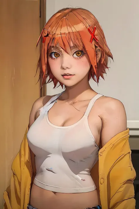 (masterpiece, best quality), 1girl, <lora:IzumiV1:1> Izumi, yellow eyes, orange hair, hairclip, bangs, x hair ornament,