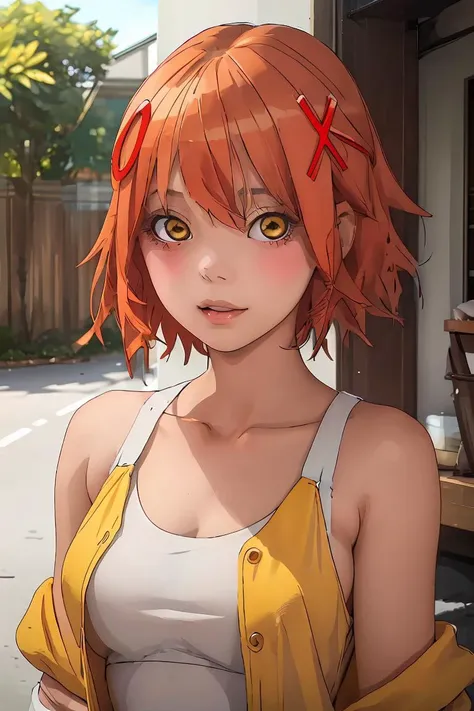 (masterpiece, best quality), 1girl,   <lora:IzumiV1:1> Izumi, yellow eyes,  orange hair, hairclip, bangs,  x hair ornament,