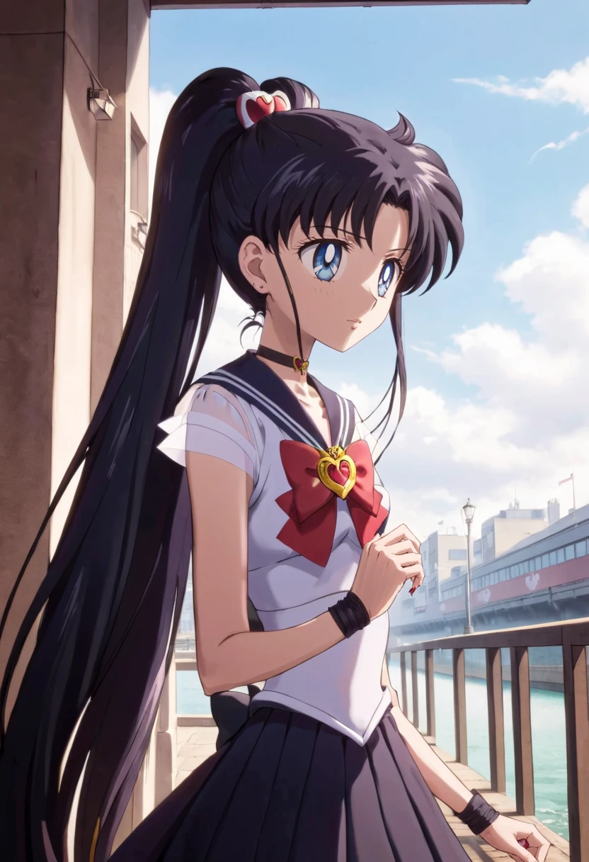 <lora:SMCrystalSDXL-REDO:1> 1girtl, solo, twin tails, black hair, black sailor collar, blue eyes, bow, choker, cloud, crystal movies style, heart choker, high ponytail, long fingernails, outdoors, pleated skirt, portrait, solo, upper body, very long hair, window