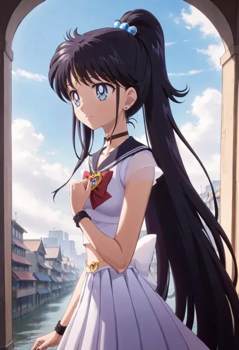 <lora:SMCrystalSDXL-REDO:1> 3girls, black hair, black sailor collar, blue eyes, bow, choker, cloud, crystal movies style, heart choker, high ponytail, long fingernails, outdoors, pleated skirt, portrait, solo, upper body, very long hair, window