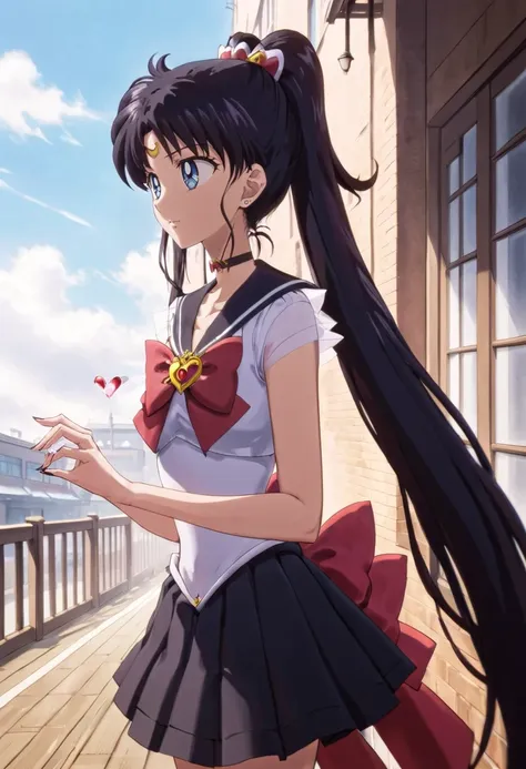 <lora:SMCrystalSDXL-REDO:1>  1girtl, solo, twin tails,  black hair, black sailor collar, blue eyes, bow, choker, cloud, crystal movies style, heart choker, high ponytail, long fingernails, outdoors, pleated skirt, portrait, solo, upper body, very long hair, window, large breasts