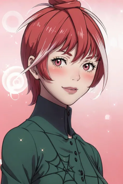 masterpiece, best quality, solo, 1girl, smile, blush, looking at viewer, <lora:UlalaV2_Fp:1>, ulalap2, green dress, spider web print, short hair, <lora:FEA S Rank:1>, pink background, bubble, sparkle,