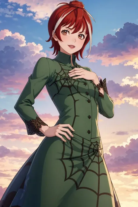 masterpiece, best quality, solo, 1girl, smile, looking at viewer, <lora:UlalaV2_Fp:1>, ulalap2, green dress, spider web print,, short hair, <lora:FE-ENGAGE S Rank_Fp:1>, sky, cloud, sunset, hand on own chest,