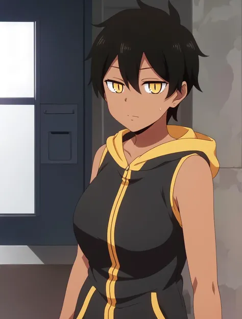 nice hands, perfect hands, kurobe natsumi, dark-skinned female, slit pupils, yellow eyes, black hair, short hair, hair between eyes, sleeveless jacket, bare shoulders, hoodie, cowboy shot,
<lyco:GoodHands:1.0>, <lora:kurobe_natsumiV2.0-000013:0.7>