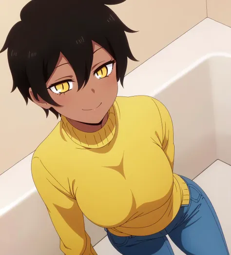 nice hands, perfect hands, kurobe natsumi, dark-skinned female, slit pupils, yellow eyes, black hair, short hair, hair between eyes, yellow turtleneck sweater, jeans, smile
 <lyco:GoodHands:1.0>,  <lora:kurobe_natsumiV2.0-000013:0.7>