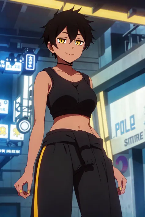 1girl, solo,standing, cyberpunk cityscape,night city \(city\), masterpiece, gym clothes, professional artwork, famous artwork, perfect face, black hair, (yellow eyes:1), beautiful face,smile, ((perfect female body, narrow waist)), background city, <lora:Kurobe Natsumi:0.8>