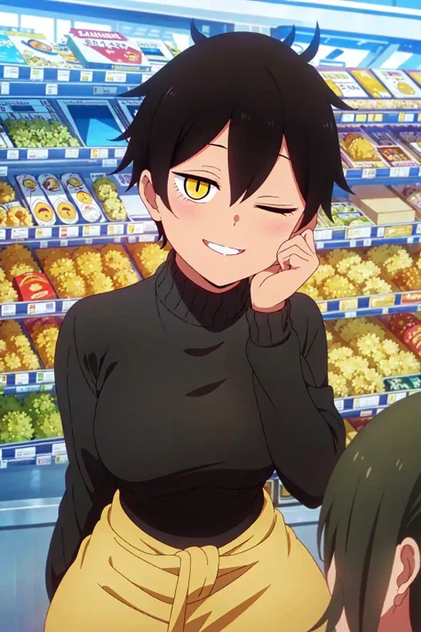 1girl, solo,sitting infront of the viewer, supermarket, Kurobe Natsumi, masterpiece, turtleneck sweater with pants, professional artwork, famous artwork, perfect face, black hair, (yellow eyes:1), beautiful face, smile, one eye closed, ((perfect female body, narrow waist)), background city,   <lora:Kurobe Natsumi:0.8> <lyco:GoodHands-beta2:0.7>
