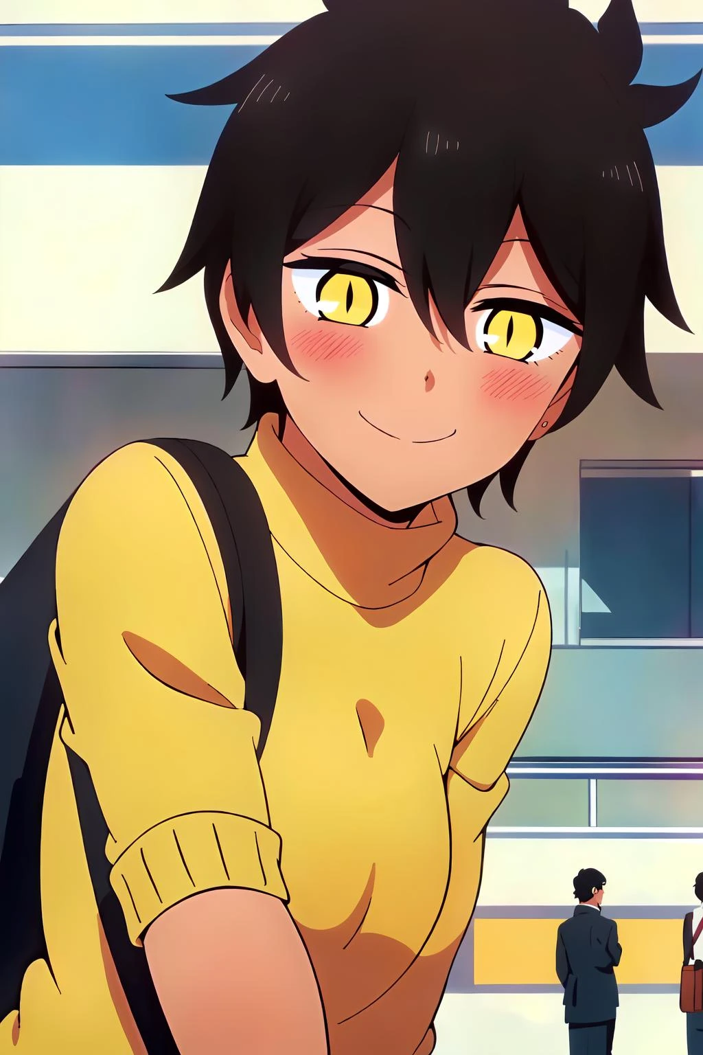 ((best quality)),((highly detailed)),masterpiece,absurdres,detailed face,beautiful face,(detailed eyes, deep eyes),(1girl),((dynamic pose)), <lora:kurobe_natsumiV2.0-000013:0.7>train station, Kurobe Natsumi, masterpiece, turtleneck sweater, professional artwork, famous artwork, perfect face, black hair, (yellow eyes:1), beautiful face,smile, background city,<lyco:GoodHands-beta2:0.7>slit pupils