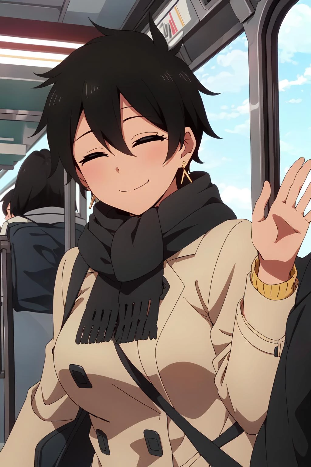 ((best quality)),((highly detailed)),masterpiece,absurdres,detailed face,beautiful face,(detailed eyes, deep eyes),(1girl),((dynamic pose)), <lora:kurobe_natsumiV2.0-000013:0.7>kurobe natsumi, 1girl, earrings, jewelry, black hair, solo, smile, coat, scarf, short hair, closed eyes, waving, upper body, train interior, close-up, hair between eyes, breasts, winter clothes, bag, facing viewer, winter coat, closed mouth, large breasts, sweater