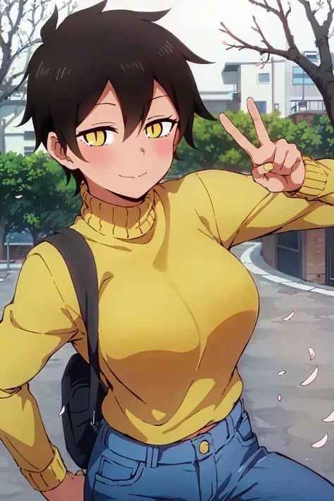 ((best quality)),((highly detailed)),masterpiece,absurdres,detailed face,beautiful face,(detailed eyes, deep eyes),(1girl),((dynamic pose)), <lora:kurobe_natsumiV2.0-000013:0.7>1girl, solo, sitting in front of the viewer, outside, cherry blossom leaves flowing in the air, Kurobe Natsumi, masterpiece, turtleneck sweater with pants, professional artwork, famous artwork, perfect face, black hair, (glowing yellow eyes:1), beautiful face, closed smile, ((perfect female body, narrow waist)), background city,<lyco:GoodHands-beta2:0.4>, peace sign