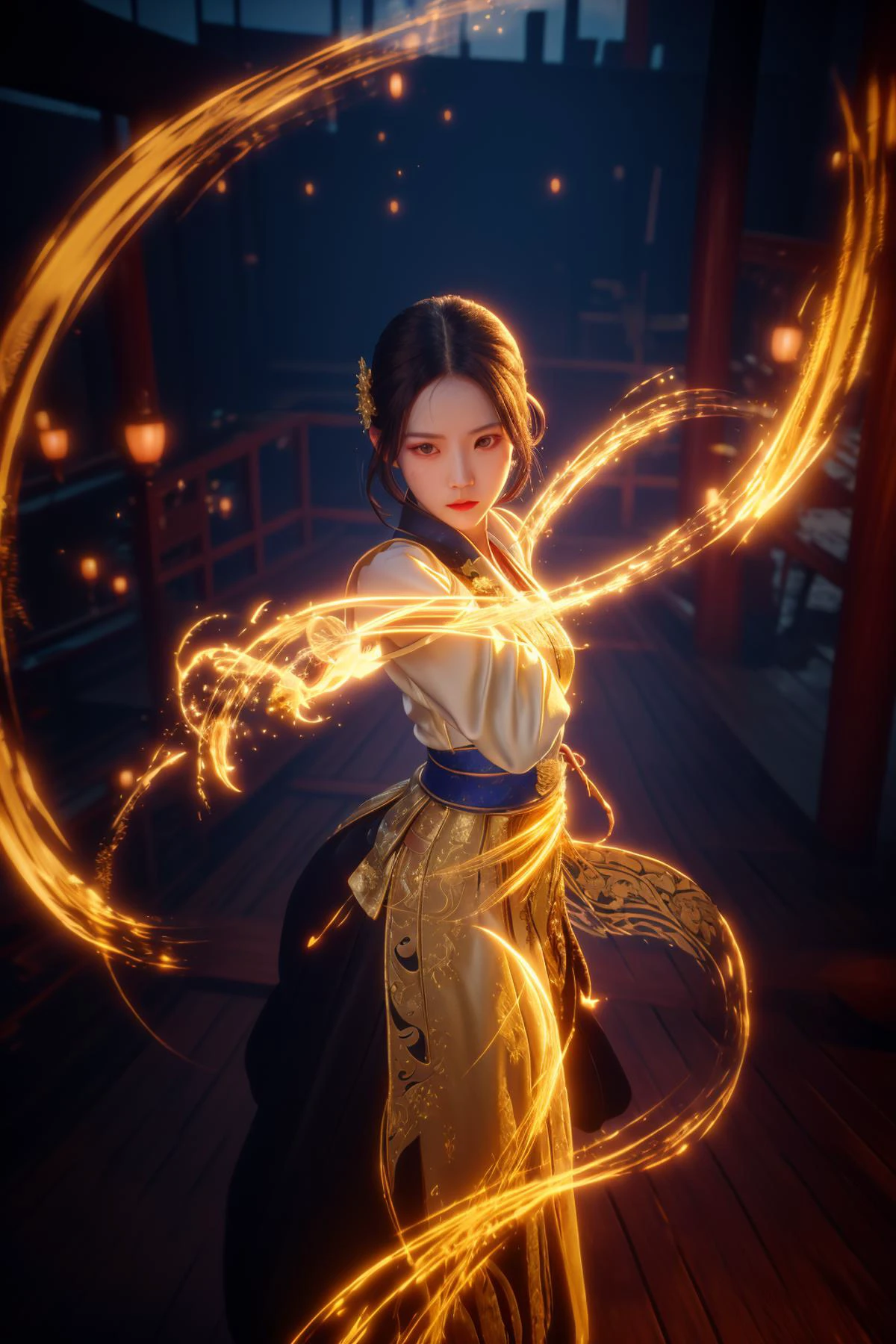 golden-aura,using golden-magic,golden-magic,ancient-costume,dancing,fighting stance,1girl,solo,<lora:magic_fighting_golden_512_15:0.8>,