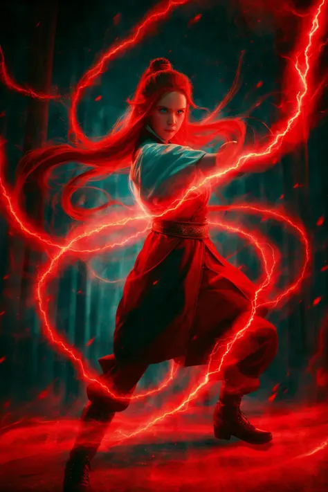 dancing,fighting stance,red-lightning-aura,using red-lightning-magic,red-lightning-magic,1girl,solo,long hair,blue eyes,common face,full body,<lora:magic_fighting_red_512_dreamshaper_8:0.8>,