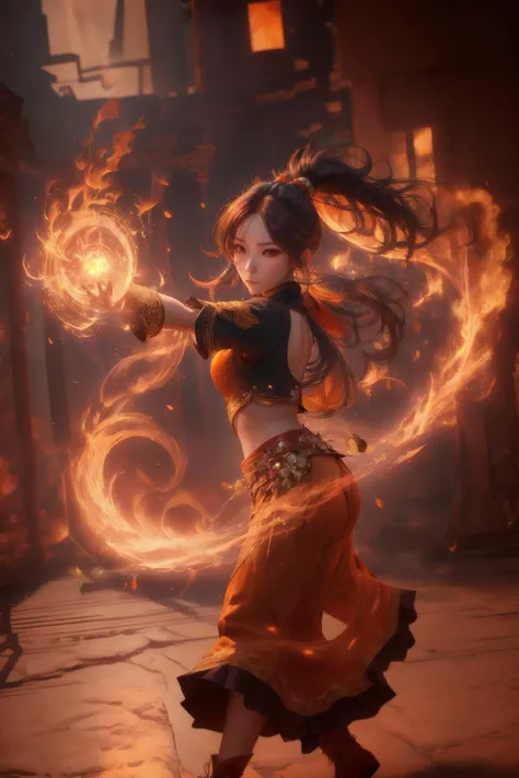 orang-aura,using orang-magic,orang-magic,ancient-costume,dancing,solo,1girl,fire,long hair,ponytail,<lora:magic_fighting_512_15:0.8>,