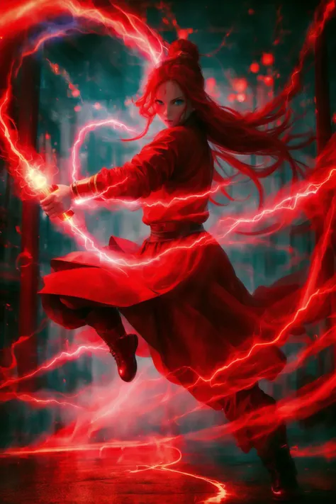 dancing,fighting stance,red-lightning-aura,using red-lightning-magic,red-lightning-magic,1girl,solo,long hair,blue eyes,common face,full body,<lora:magic_fighting_red_512_dreamshaper_8:0.8>,