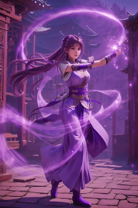 purple-aura,using purple-magic,purple-magic,ancient-costume,dancing,fighting stance,1girl,solo,long hair,brown hair,<lora:magic_fighting_purple_512_15:0.8>,