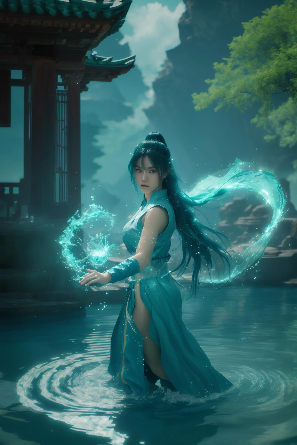 fighting stance,dancing,ancient-costume,cyan-aura,using cyan-water-magic,cyan-water-magic,using cyan-magic,cyan-magic,1girl,solo,long hair,blue eyes,<lora:magic_fighting_cyan_512_15:0.8>,