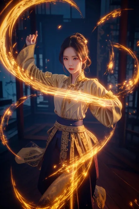golden-aura,using golden-magic,golden-magic,ancient-costume,dancing,fighting stance,1girl,solo,<lora:magic_fighting_golden_512_15:0.8>,