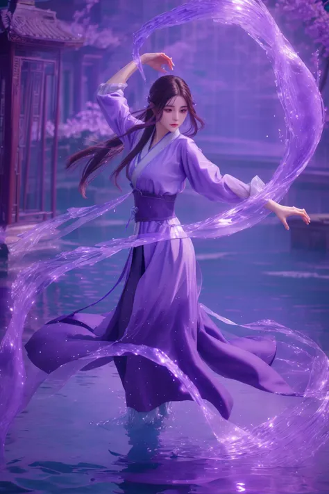 purple-water-aura,using purple-water-magic,purple-water-magic,ancient-costume,dancing,fighting stance,1girl,solo,long hair,brown hair,<lora:magic_fighting_purple_512_15:0.8>,