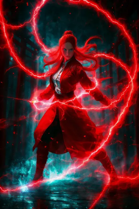 dancing,fighting stance,red-lightning-aura,using red-lightning-magic,red-lightning-magic,1girl,solo,long hair,blue eyes,common face,full body,<lora:magic_fighting_red_512_dreamshaper_8:0.8>,