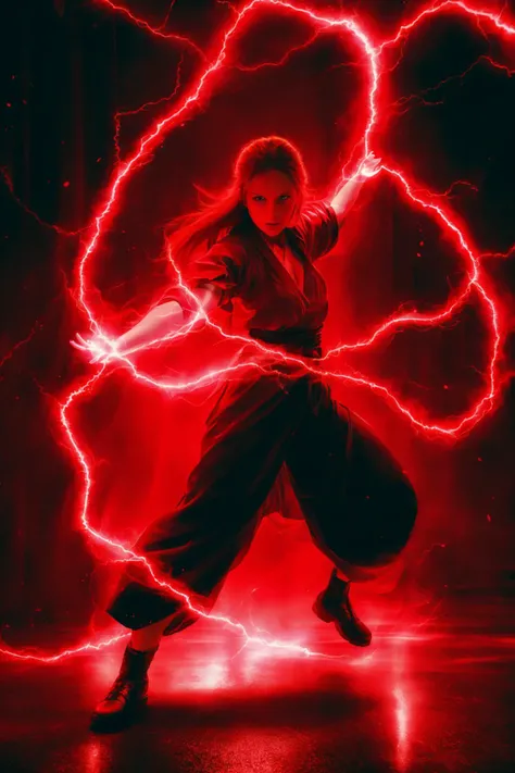 dancing,fighting stance,red-lightning-aura,using red-lightning-magic,red-lightning-magic,1girl,solo,long hair,blue eyes,common face,full body,<lora:magic_fighting_red_512_dreamshaper_8:0.8>,