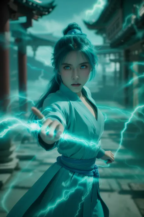 fighting stance,dancing,ancient-costume,cyan-aura,using cyan-lightning-magic,cyan-lightning-magic,using cyan-magic,cyan-magic,1girl,solo,long hair,blue eyes,<lora:magic_fighting_cyan_512_15:0.8>,