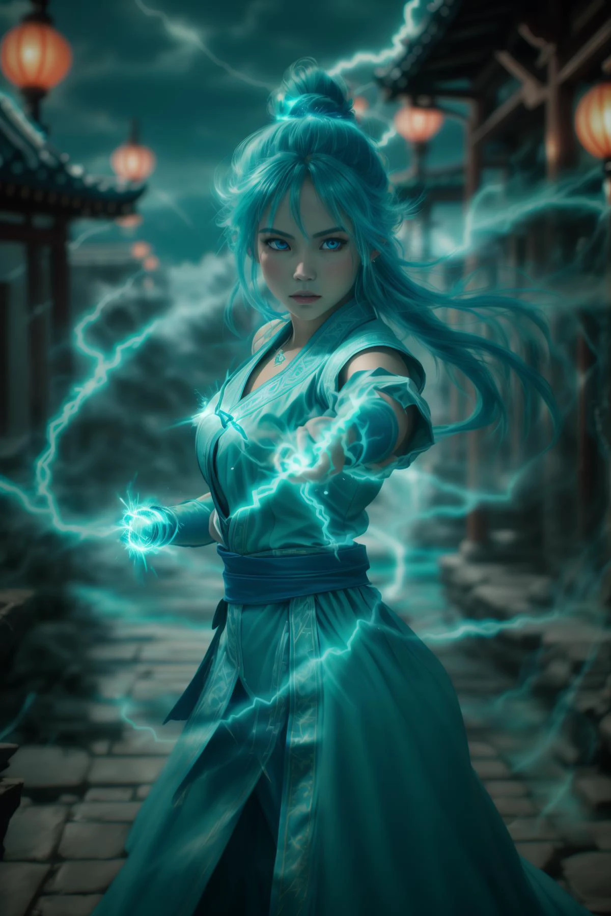 fighting stance,dancing,ancient-costume,cyan-aura,using cyan-lightning-magic,cyan-lightning-magic,using cyan-magic,cyan-magic,1girl,solo,long hair,blue eyes,<lora:magic_fighting_cyan_512_15:0.8>,