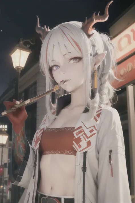 best quality, masterpiece, 1girl, upper body, origen, (red) horns,((tobacco pipe)),City, middle of the street,bright-coloured,night, looking at viewer, Lens focus,lamplight,