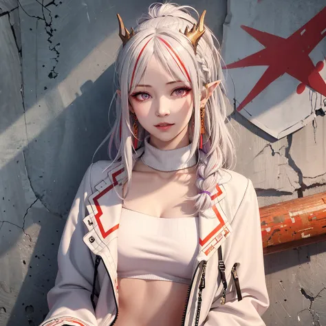 (masterpiece, best quality, 1girl, solo, intricate details, chromatic aberration), realistic, ((medium breath)),long hair, white hair, red head ornament, pink highlights, hair over one eye,purple eyes, earrings, sharp eyes, choker, neon shirt, torn legwear, open jacket, turtleneck sweater, night,against wall, brick wall, graffiti, dim lighting, alley ,look at viewer,<lora:ArknightsNian_20:0.9>, <lora:koreanDollLikeness_v15:0.2>