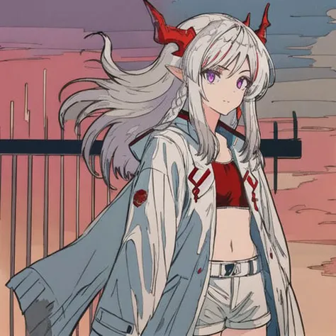 white hair,red horn,white shorts,open coat, standing,illustration, masterpiece, best quality,high contrast, (ligne claire), 1girl,Purple eyes,looking at another,((closed mouth)), sunburst background,red Sports bra,city background, street,detail eyes,one meter shooting distance,sketch,floating,depth of field,sunset