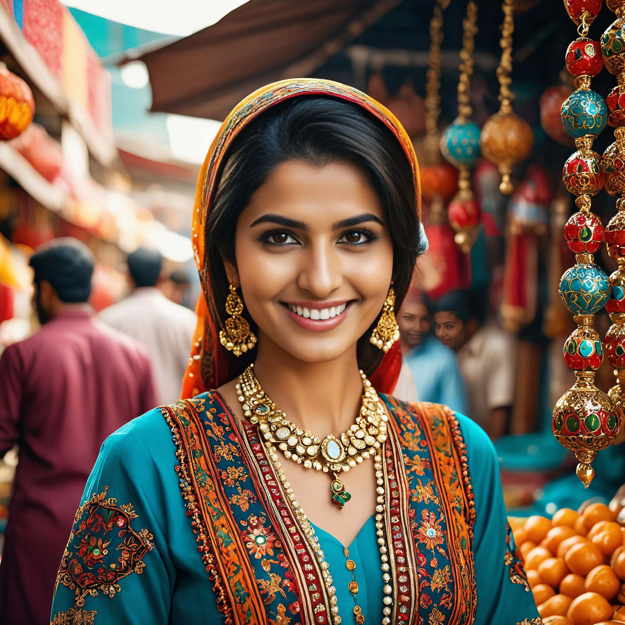 cinematic photo Produce a hyper-realistic photograph of a 30-year-old Pakistani female smiling in a bright and colorful street market. The photograph is highly detailed, with the intricate patterns and textures of the market creating a sense of liveliness and energy.
<lora:barbiefy:.75>, <lora:Better_cleavage:.75> <lora:Jewels:1> Jewels <lora:Pakistani_Face:1> . 35mm photograph, film, bokeh, professional, 4k, highly detailed