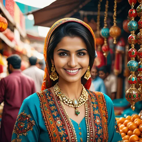 cinematic photo  Produce a hyper-realistic photograph of a 30-year-old Pakistani female smiling in a bright and colorful street market. The photograph is highly detailed, with the intricate patterns and textures of the market creating a sense of liveliness and energy.
 <lora:barbiefy:.75>, <lora:Better_cleavage:.75> <lora:Jewels:1> Jewels <lora:Pakistani_Face:1> . 35mm photograph, film, bokeh, professional, 4k, highly detailed