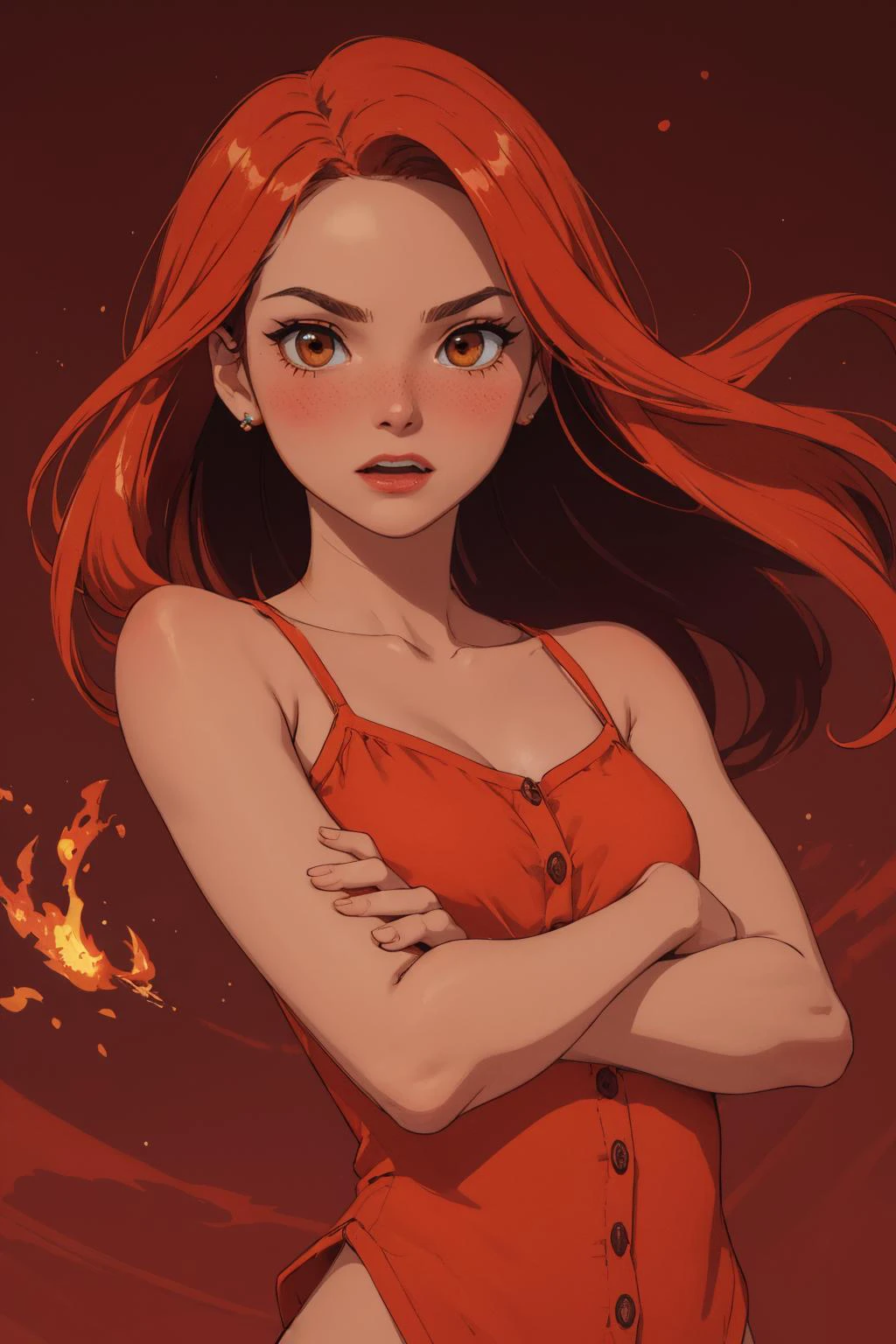 beautiful, (linework:1.1), <lora:detail_slider_v4:1.0>,
1 girl, adult woman, brown eyes, razor cut hair, (long hair:1.2), ,
solo, <lora:GoodHands-beta2:0.8>, (simple background, red color palette:1.1), pale skin, smooth skin, (open mouth:0.6), shy, blushing,
(casual theme:1.0),
upper body,
from front, frontal view,
arms crossed, standing,
dark orange clothes,
camisole
bottomless, pussy, ,
sleeveless,
buttons,
wave symbol, metal material,,
jewelry, beads,
particle effects, , floating motes of fire,
high contrast, , vibrant colors,